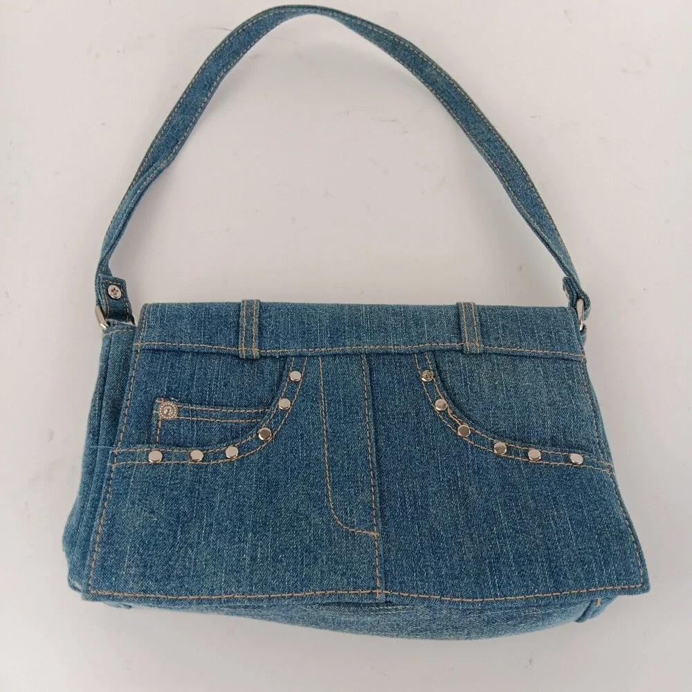Womens Solid Blue Rectangular Shaped Studded Denim Shoulder Bag